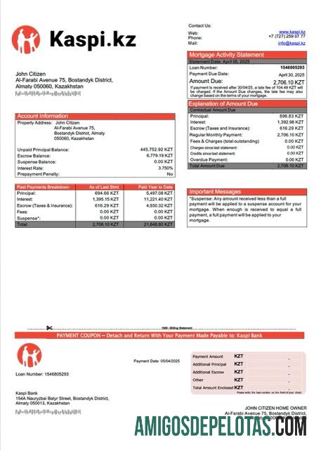 realista Modelo Word e PDF de declaração de hipoteca do Banco Kaspi do Cazaquistão